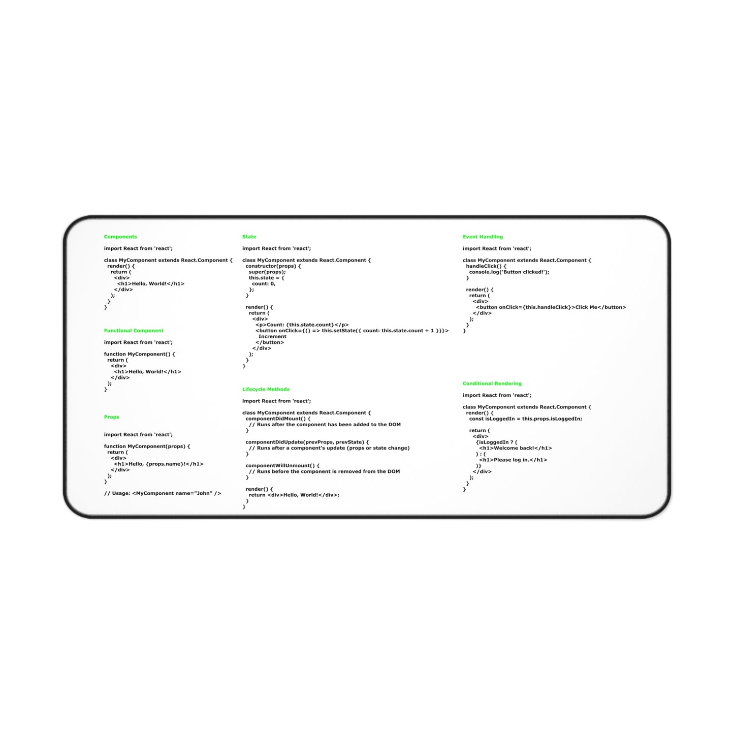 Reactjs Cheatsheet Desk Mat for Developer, Programmer, IT Admin