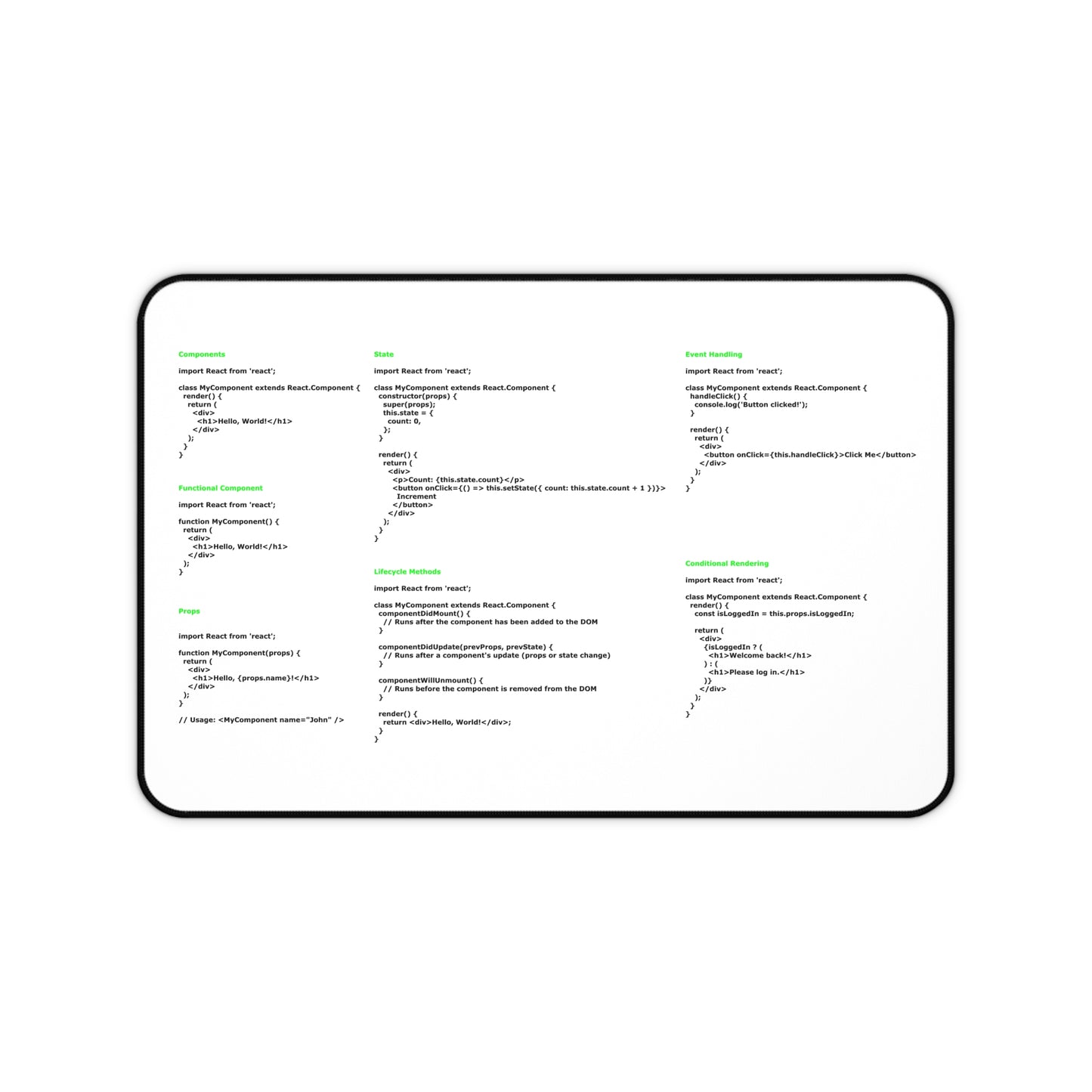 Reactjs Cheatsheet Desk Mat for Developer, Programmer, IT Admin