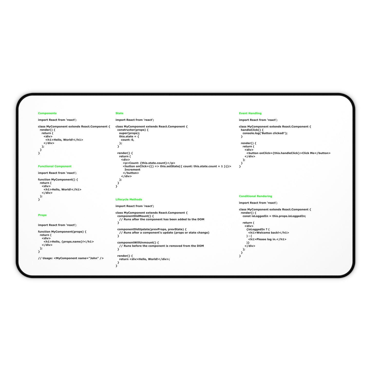 Reactjs Cheatsheet Desk Mat for Developer, Programmer, IT Admin